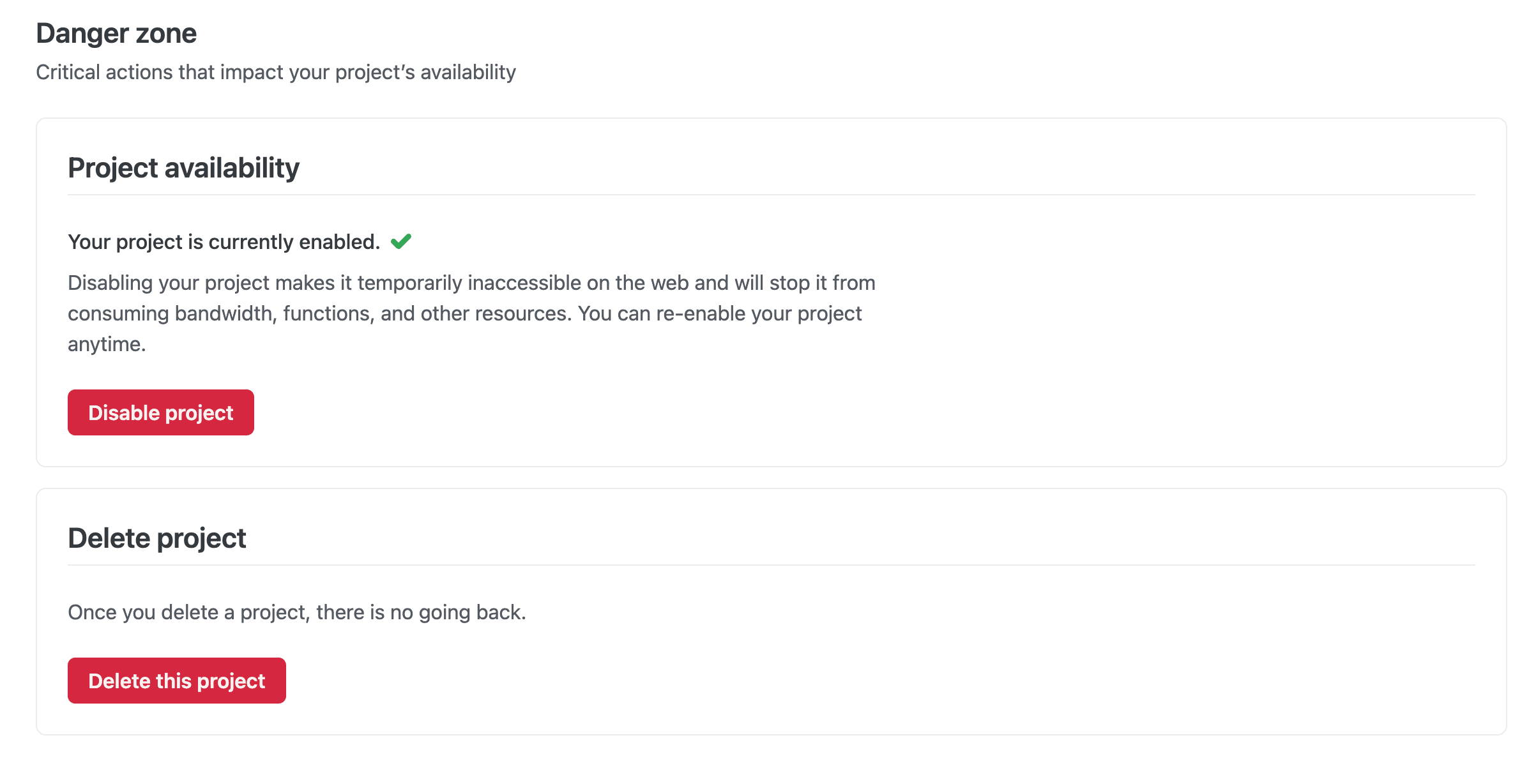 Netlify UI location of disable project button